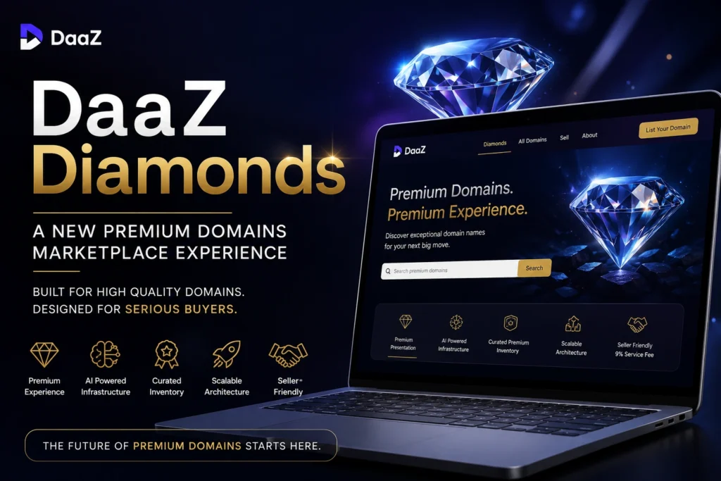 DaaZ Diamonds premium domains marketplace interface showcasing AI powered infrastructure, premium domain landers, scalable aftermarket technology, and modern digital asset presentation for high value domain names.